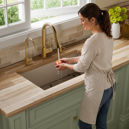 31-5/8" Undermount Large Single Bowl Quartz Composite Kitchen Sink Kit In Concrete