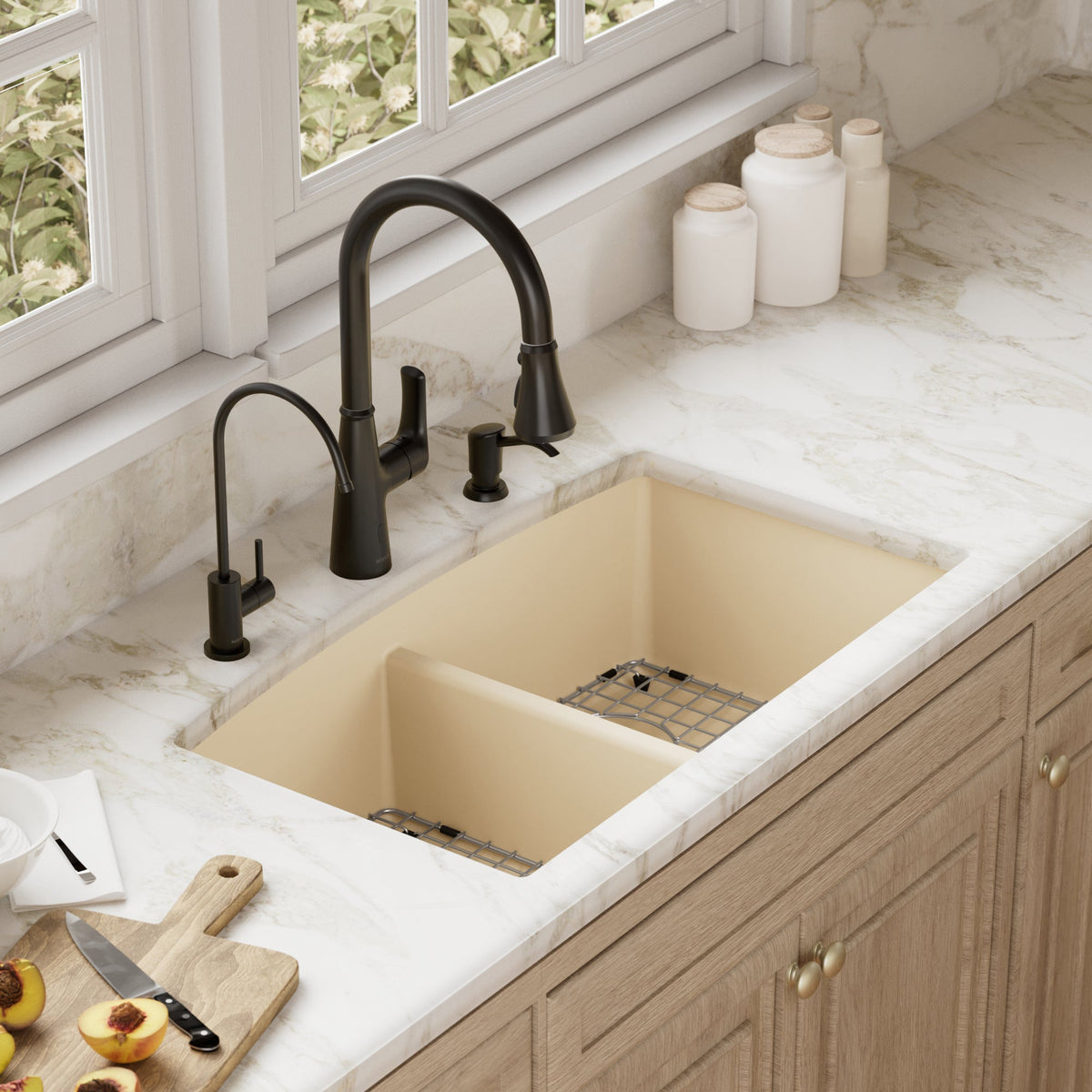 32-1/2" Undermount Double Equal Bowl Quartz Composite Kitchen Sink Kit In Bisque