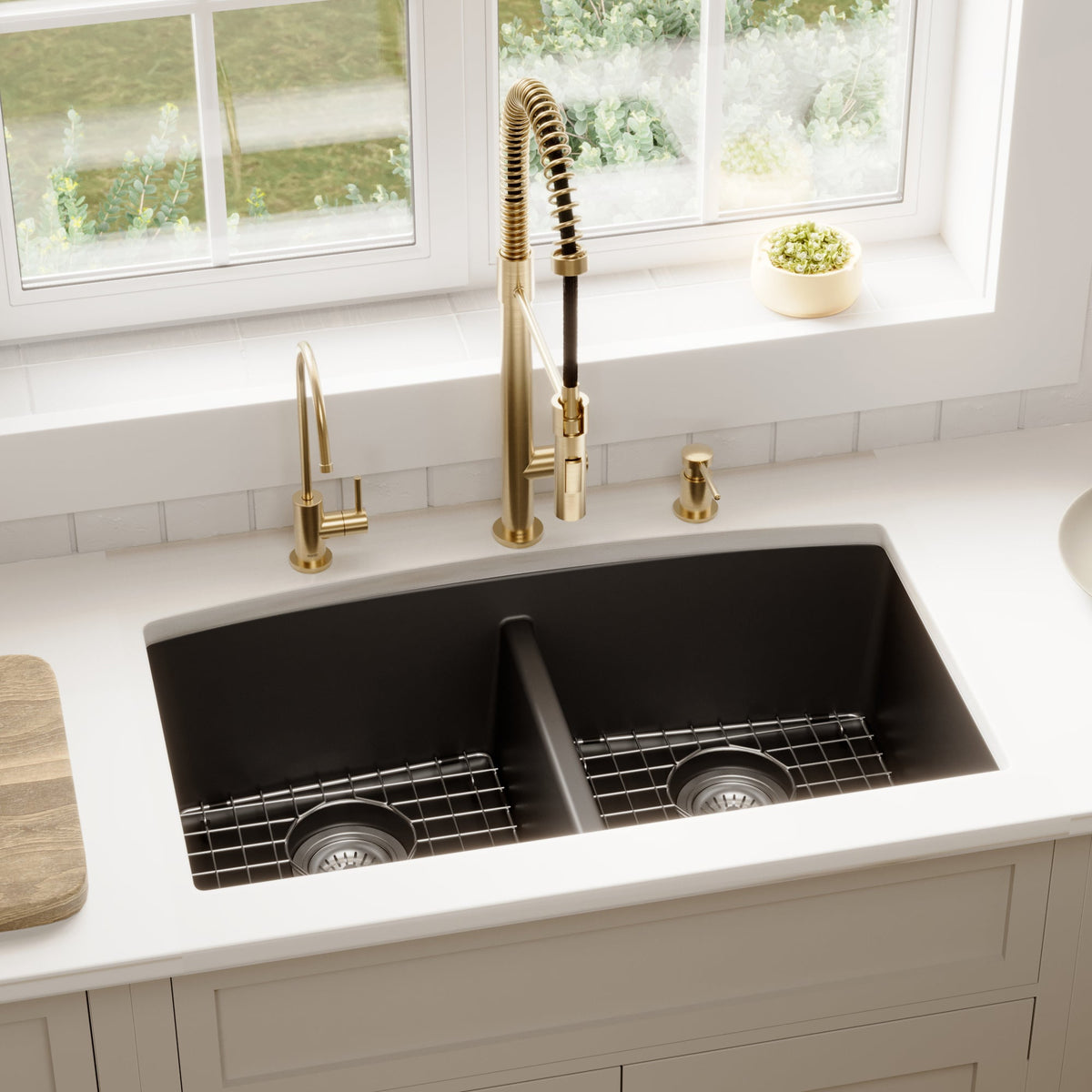 32-1/2" Undermount Double Equal Bowl Quartz Composite Kitchen Sink Kit In Black