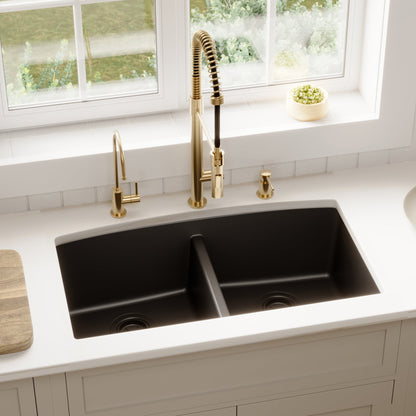32-1/2" Undermount Double Equal Bowl Quartz Composite Kitchen Sink In Black