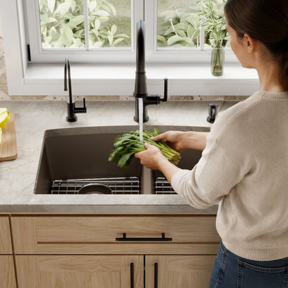 32-1/2" Undermount Double Equal Bowl Quartz Composite Kitchen Sink Kit In Brown