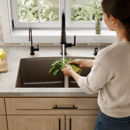 32-1/2" Undermount Double Equal Bowl Quartz Composite Kitchen Sink In Brown