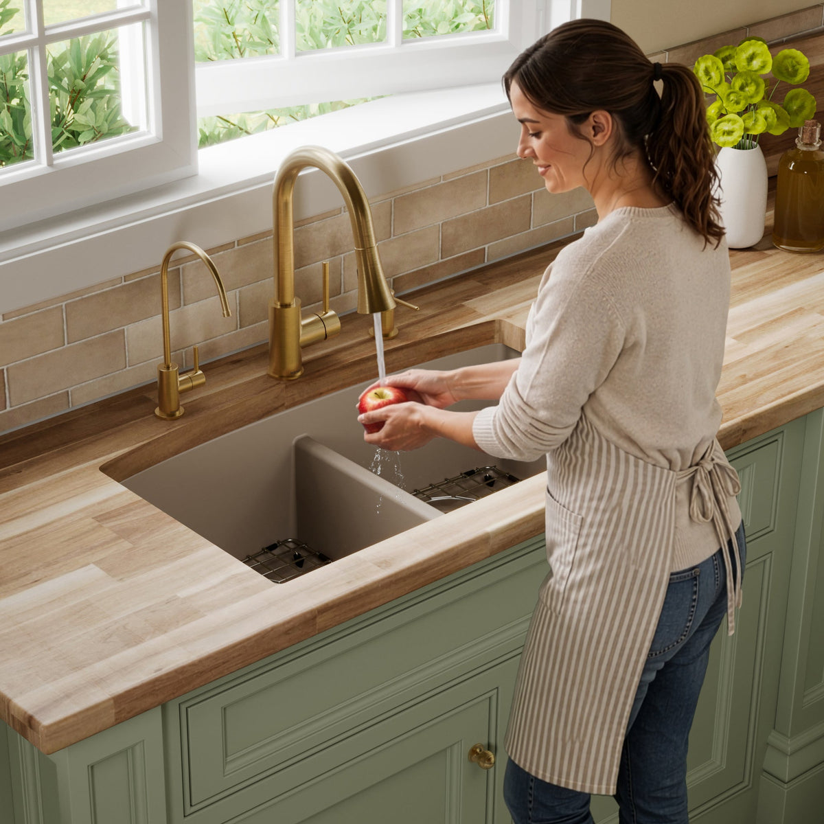 32-1/2" Undermount Double Equal Bowl Quartz Composite Kitchen Sink Kit In Concrete