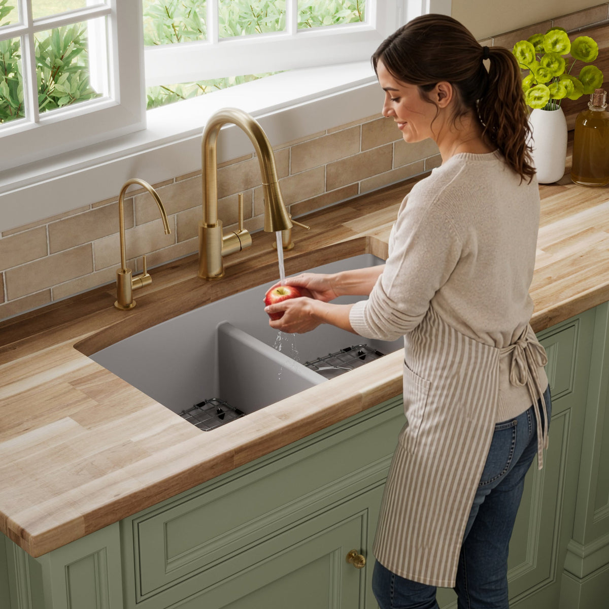 32-1/2" Undermount Double Equal Bowl Quartz Composite Kitchen Sink Kit In Grey