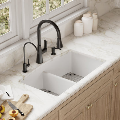 32-1/2" Undermount Double Equal Bowl Quartz Composite Kitchen Sink Kit In White