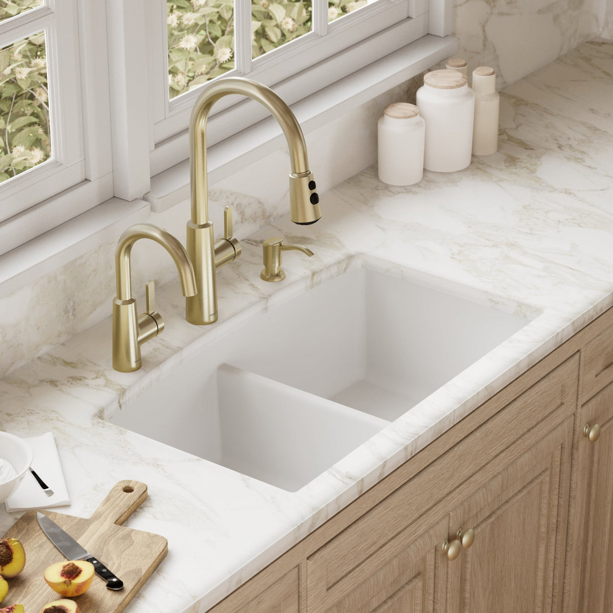 32-1/2" Undermount Double Equal Bowl Quartz Composite Kitchen Sink In White