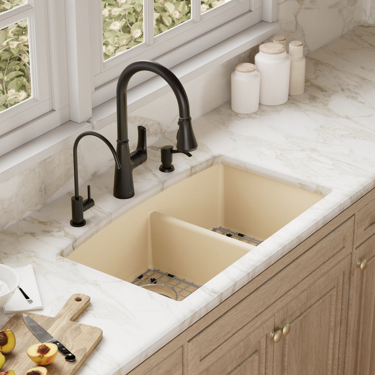 32-1/2" Undermount Double Offset Bowl Quartz Composite Kitchen Sink Kit In Bisque