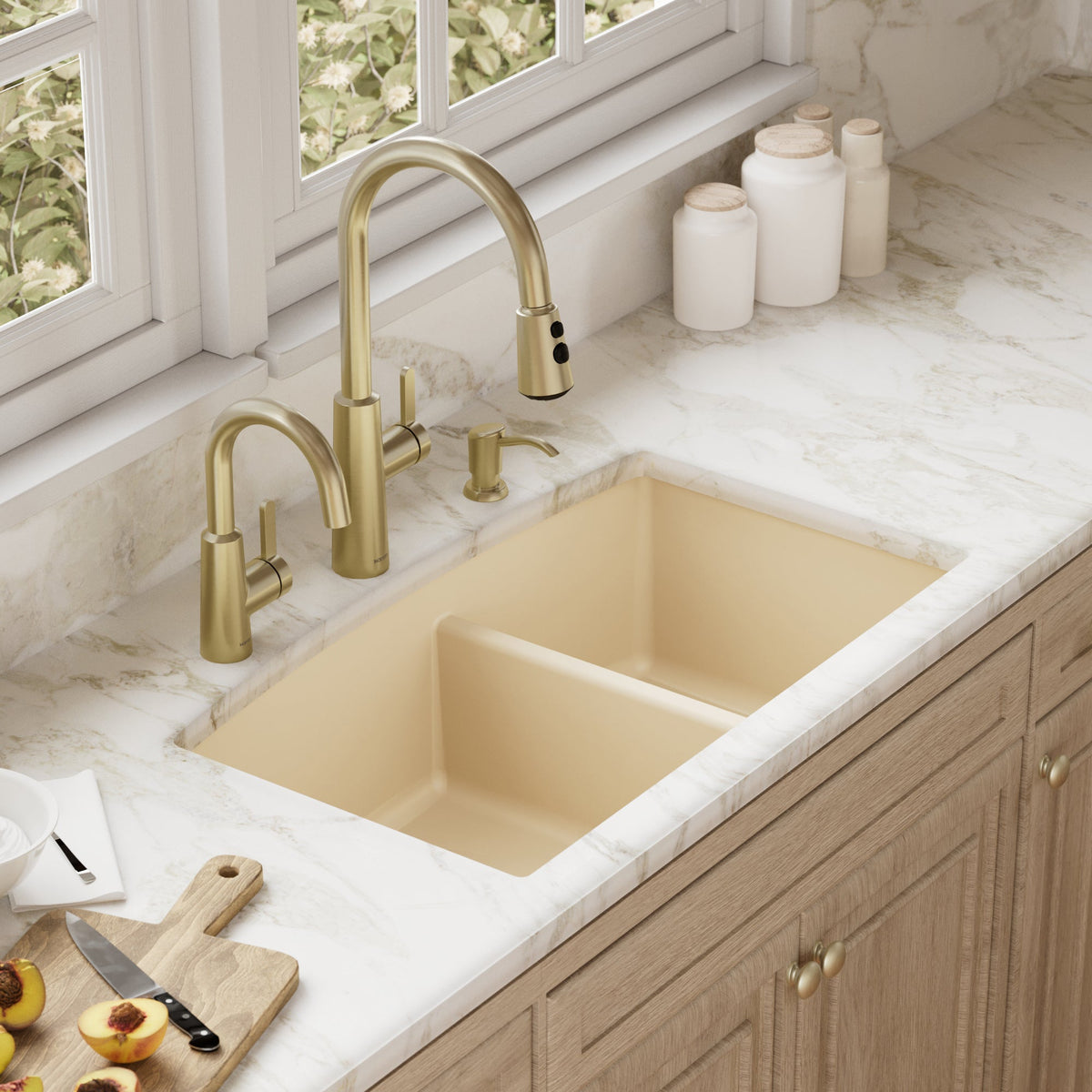 32-1/2" Undermount Double Offset Bowl Quartz Composite Kitchen Sink In Bisque