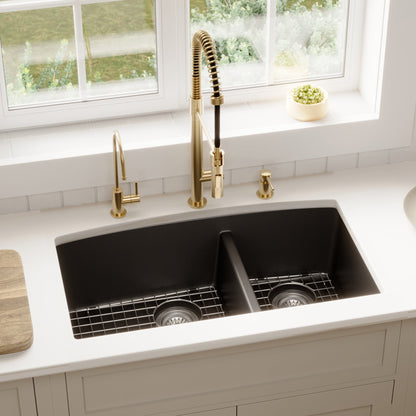 32-1/2" Undermount Double Offset Bowl Quartz Composite Kitchen Sink Kit In Black