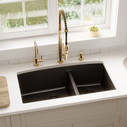 32-1/2" Undermount Double Offset Bowl Quartz Composite Kitchen Sink In Black