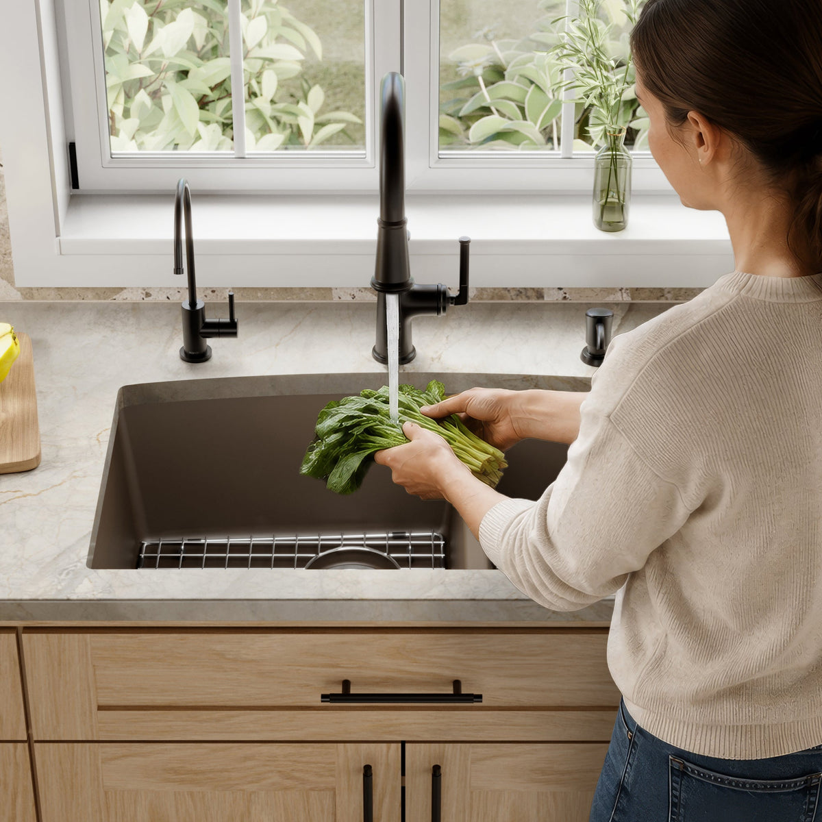 32-1/2" Undermount Double Offset Bowl Quartz Composite Kitchen Sink Kit In Brown