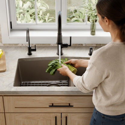 32-1/2" Undermount Double Offset Bowl Quartz Composite Kitchen Sink Kit In Brown
