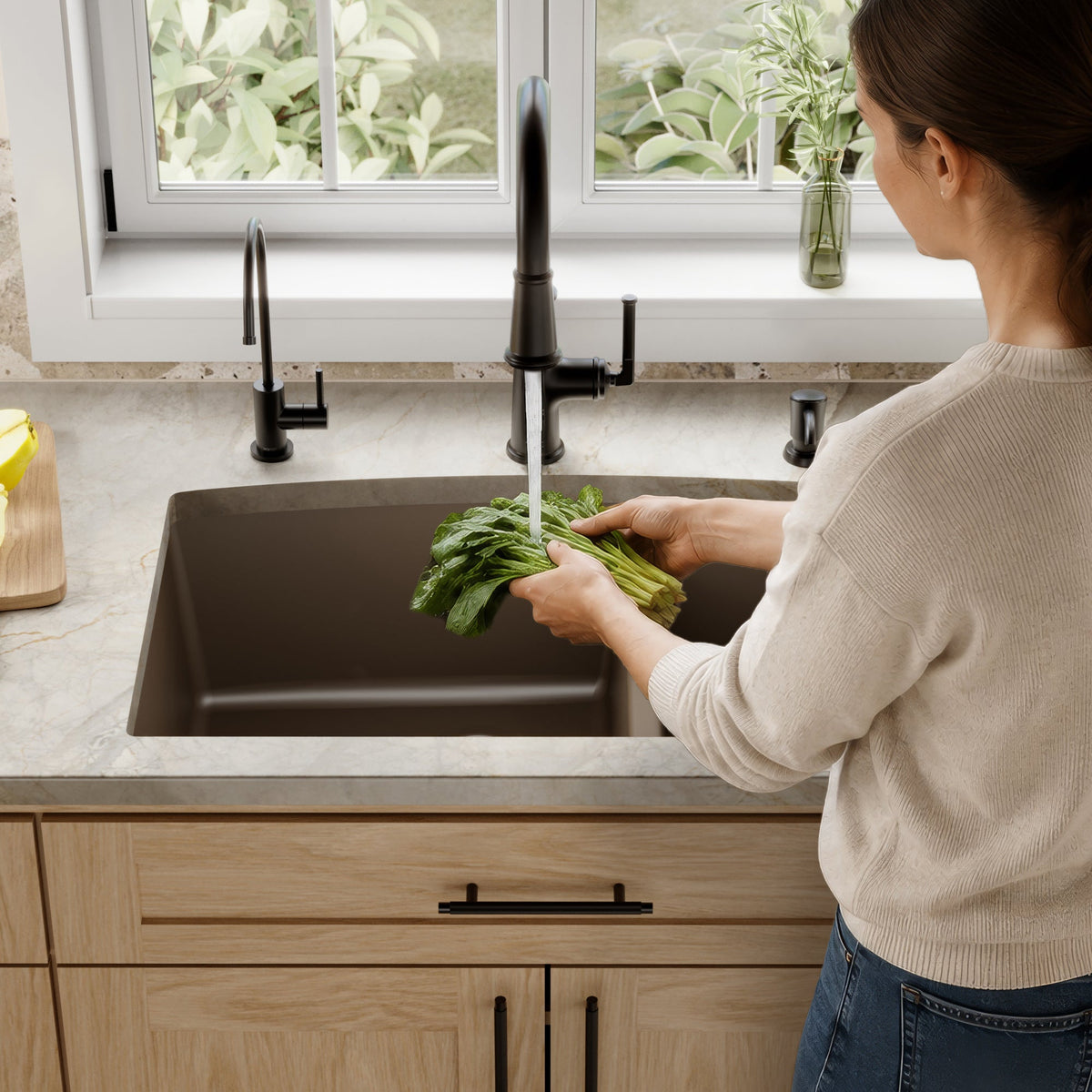 32-1/2" Undermount Double Offset Bowl Quartz Composite Kitchen Sink In Brown