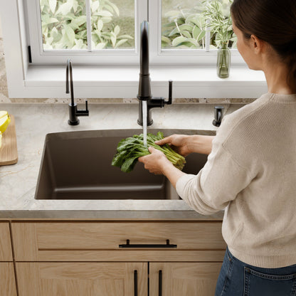 32-1/2" Undermount Double Offset Bowl Quartz Composite Kitchen Sink In Brown