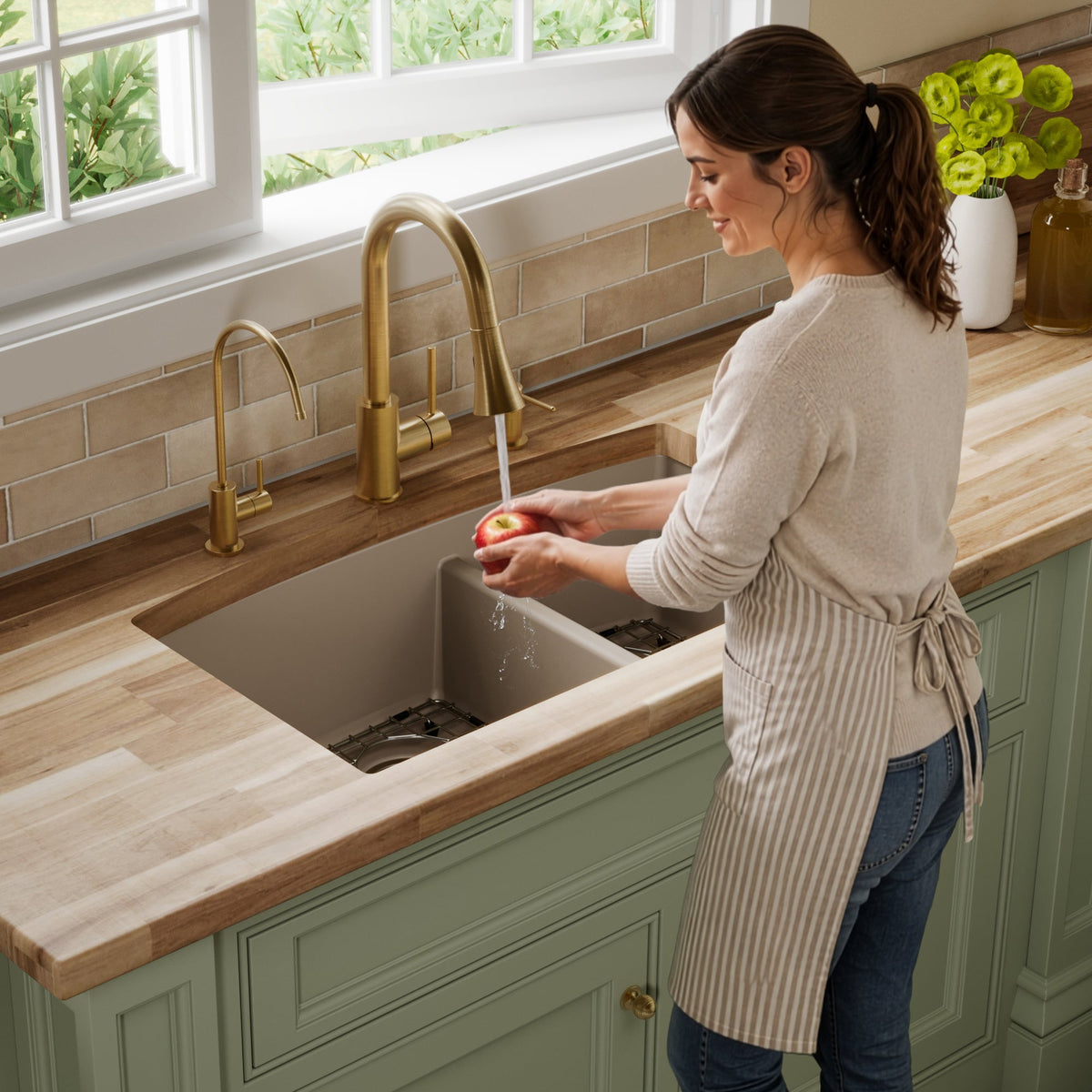 32-1/2" Undermount Double Offset Bowl Quartz Composite Kitchen Sink Kit In Concrete