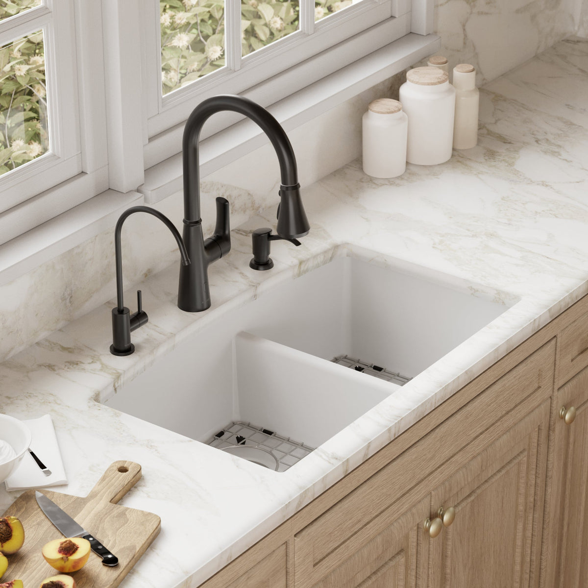 32-1/2" Undermount Double Offset Bowl Quartz Composite Kitchen Sink Kit In White