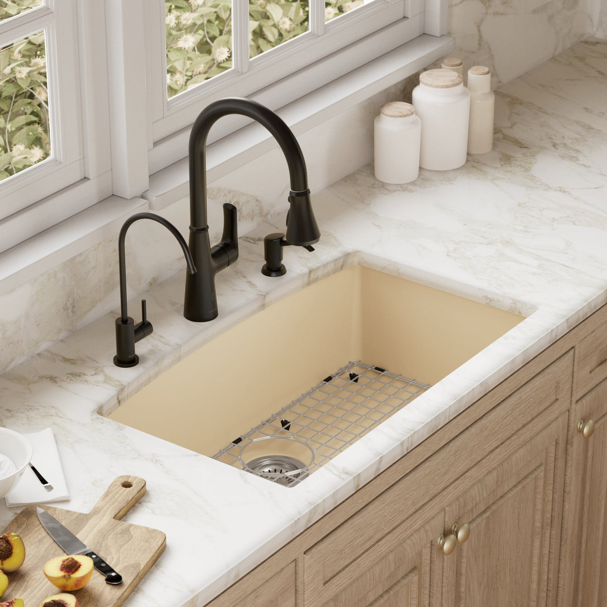 32-1/2" Undermount Large Single Bowl Quartz Composite Kitchen Sink Kit In Bisque