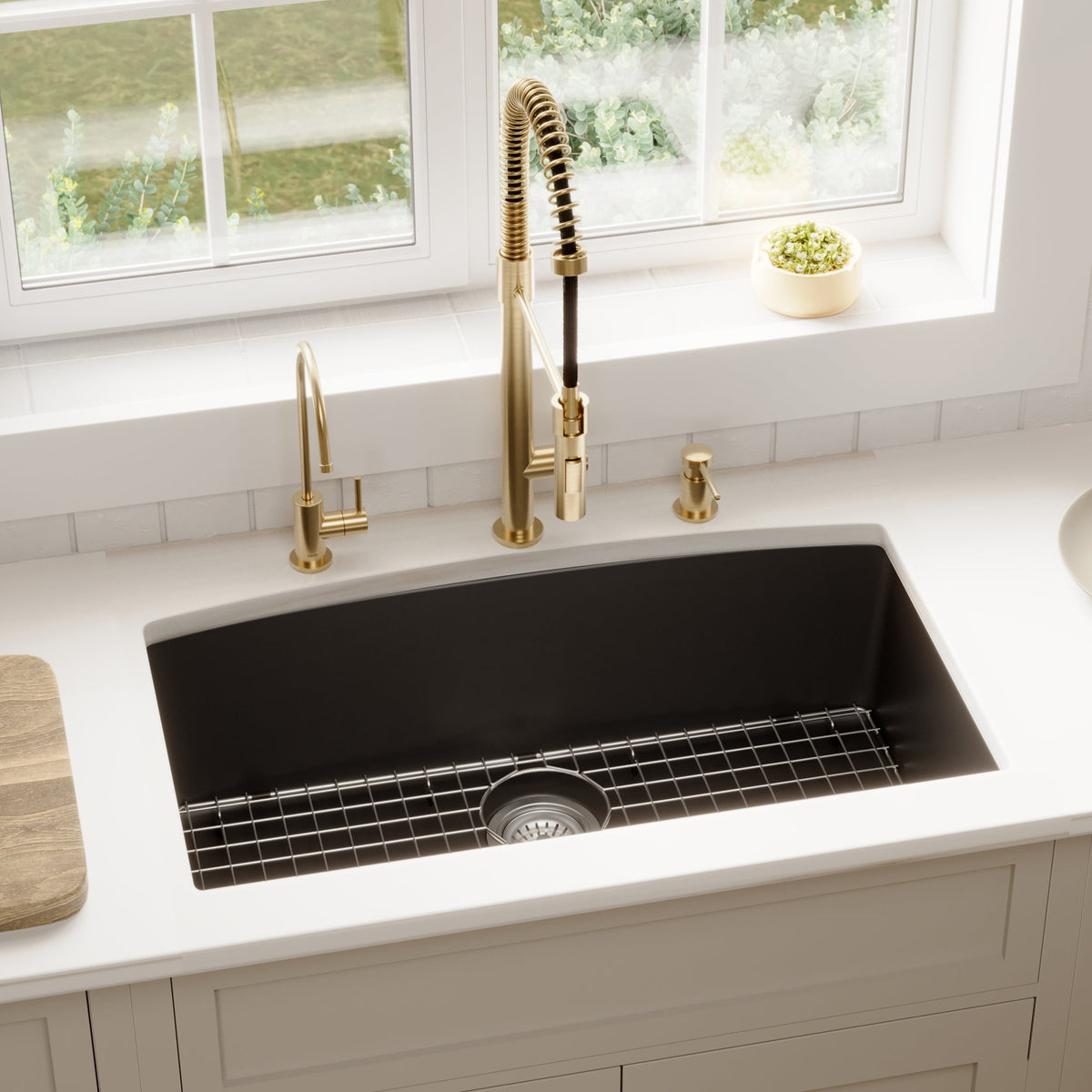 32-1/2" Undermount Large Single Bowl Quartz Composite Kitchen Sink Kit In Black