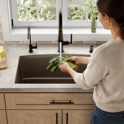 32-1/2" Undermount Large Single Bowl Quartz Composite Kitchen Sink In Brown