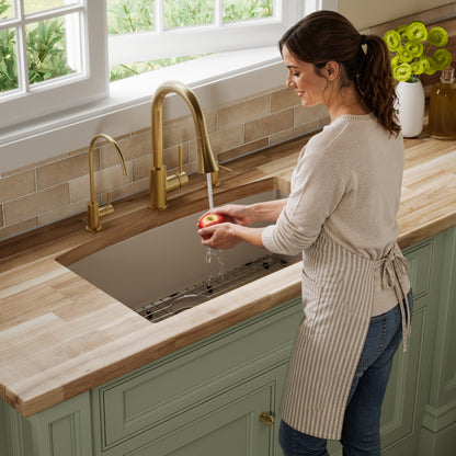 32-1/2" Undermount Large Single Bowl Quartz Composite Kitchen Sink Kit In Concrete