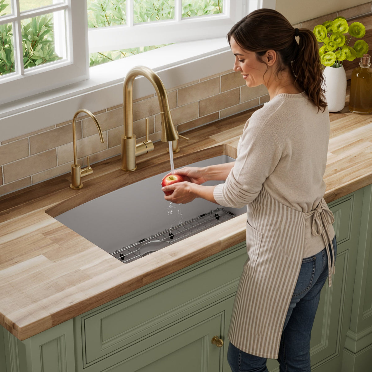 32-1/2" Undermount Large Single Bowl Quartz Composite Kitchen Sink Kit In Grey