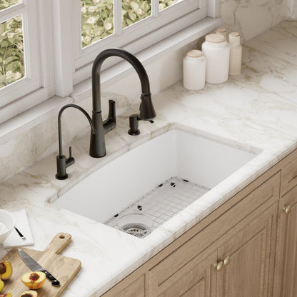32-1/2" Undermount Large Single Bowl Quartz Composite Kitchen Sink Kit In White