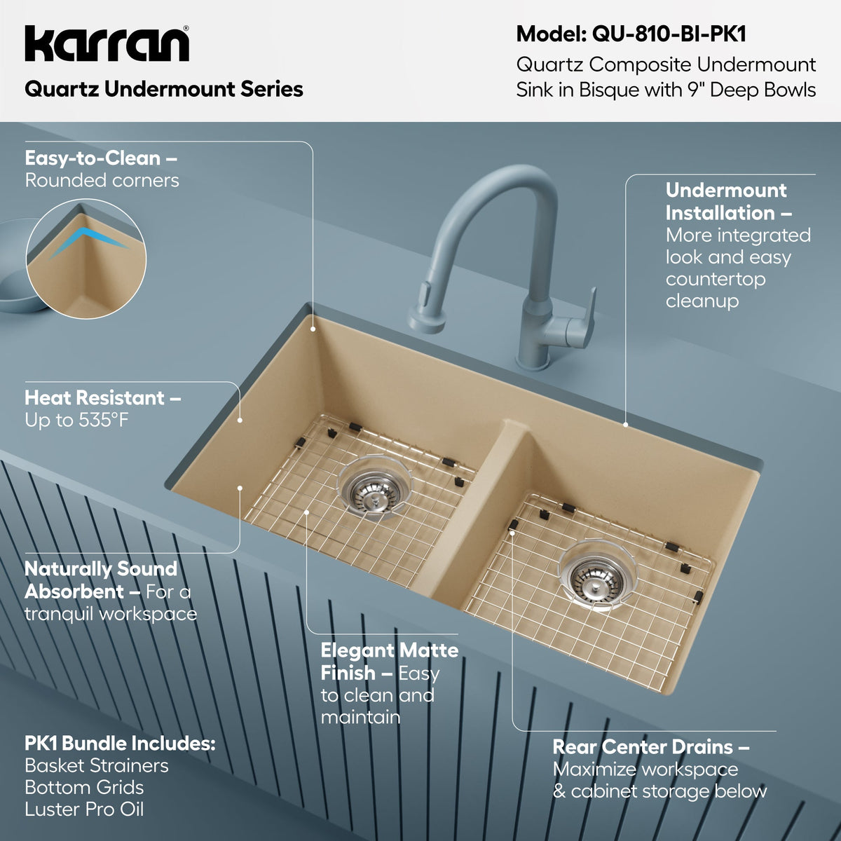 32-3/8" Undermount Double Equal Bowl Quartz Composite Kitchen Sink Kit In Bisque