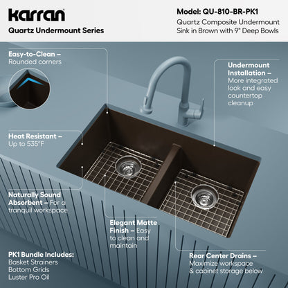 32-3/8" Undermount Double Equal Bowl Quartz Composite Kitchen Sink Kit In Brown