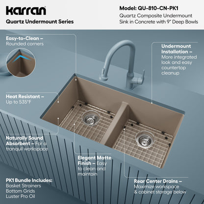 32-3/8" Undermount Double Equal Bowl Quartz Composite Kitchen Sink Kit In Concrete