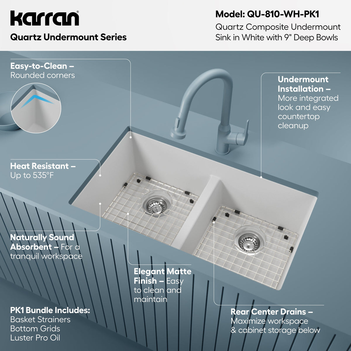 32-3/8" Undermount Double Equal Bowl Quartz Composite Kitchen Sink Kit In White