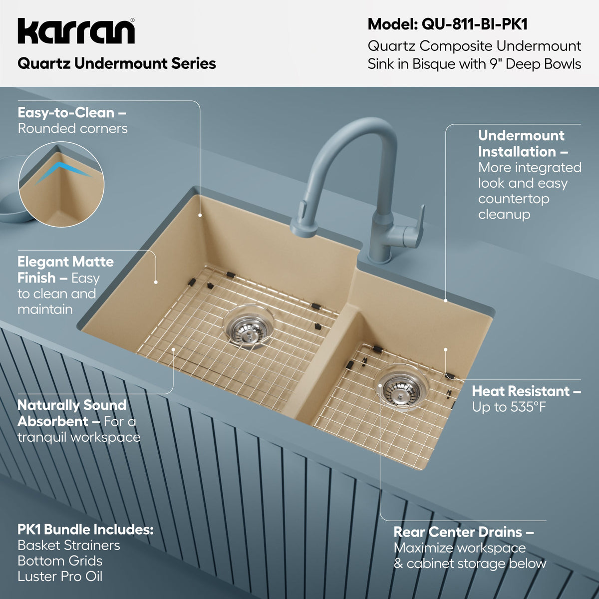 32" Undermount Double Offset Bowl Quartz Composite Kitchen Sink Kit In Bisque