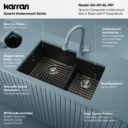 32" Undermount Double Offset Bowl Quartz Composite Kitchen Sink Kit In Black