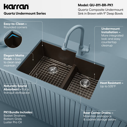 32" Undermount Double Offset Bowl Quartz Composite Kitchen Sink Kit In Brown