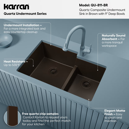 32-1/4" Undermount Double Offset Bowl Quartz Composite Kitchen Sink In Brown