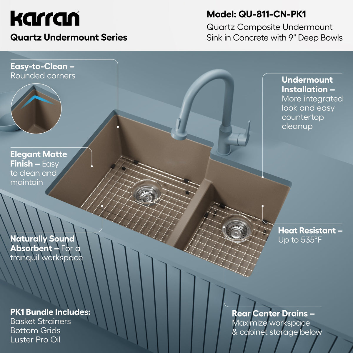 32" Undermount Double Offset Bowl Quartz Composite Kitchen Sink Kit In Concrete