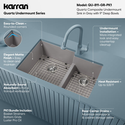 32" Undermount Double Offset Bowl Quartz Composite Kitchen Sink Kit In Grey