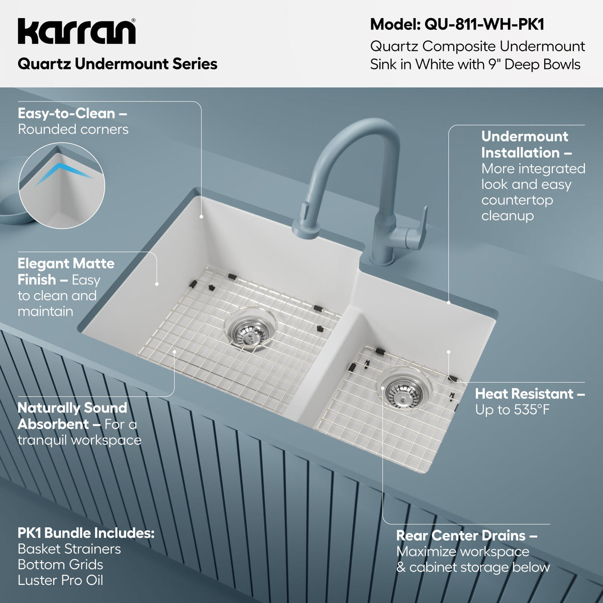 32" Undermount Double Offset Bowl Quartz Composite Kitchen Sink Kit In White