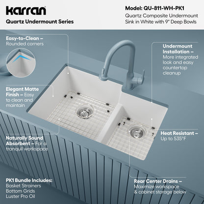 32" Undermount Double Offset Bowl Quartz Composite Kitchen Sink Kit In White