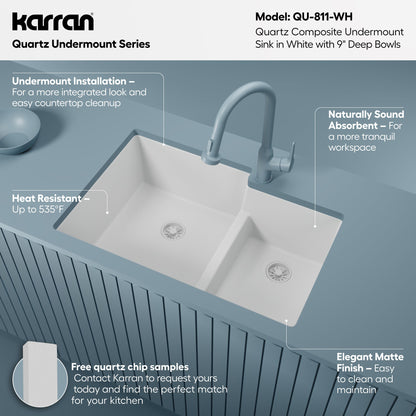 32-1/4" Undermount Double Offset Bowl Quartz Composite Kitchen Sink In White
