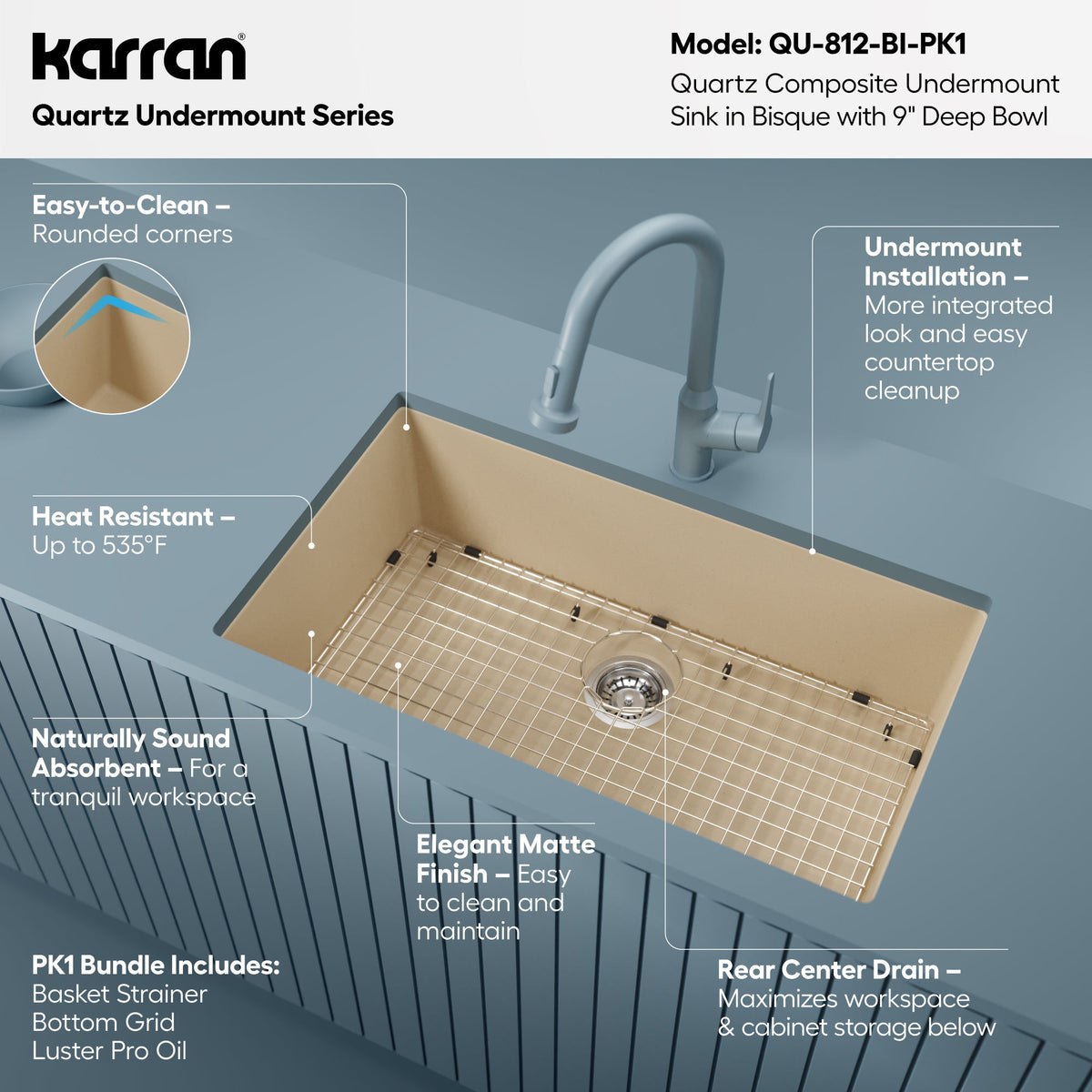 32-3/8" Undermount Large Single Bowl Quartz Composite Kitchen Sink Kit In Bisque