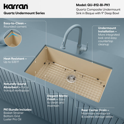 32-3/8" Undermount Large Single Bowl Quartz Composite Kitchen Sink Kit In Bisque