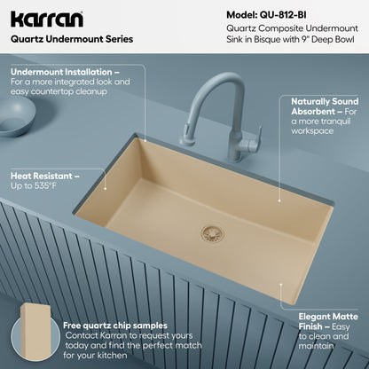 32-3/8" Undermount Large Single Bowl Quartz Composite Kitchen Sink In Bisque