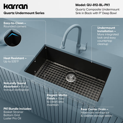32-3/8" Undermount Large Single Bowl Quartz Composite Kitchen Sink Kit In Black