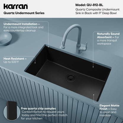 32-3/8" Undermount Large Single Bowl Quartz Composite Kitchen Sink In Black