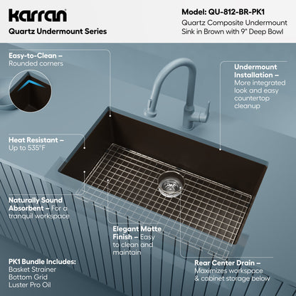 32-3/8" Undermount Large Single Bowl Quartz Composite Kitchen Sink Kit In Brown