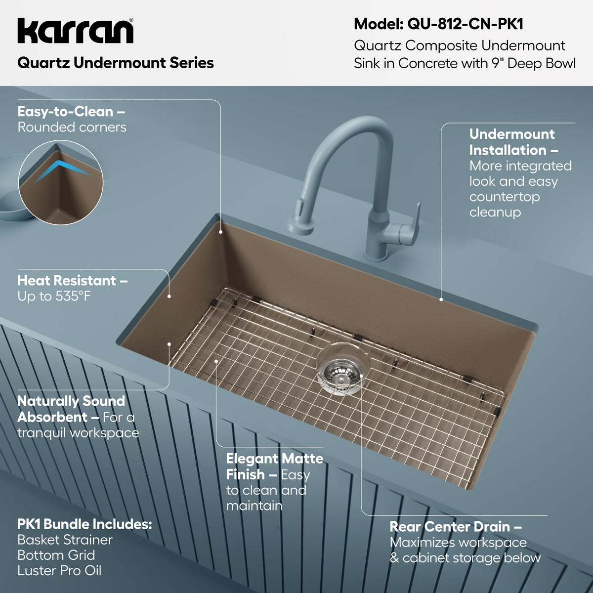 32-3/8" Undermount Large Single Bowl Quartz Composite Kitchen Sink Kit In Concrete