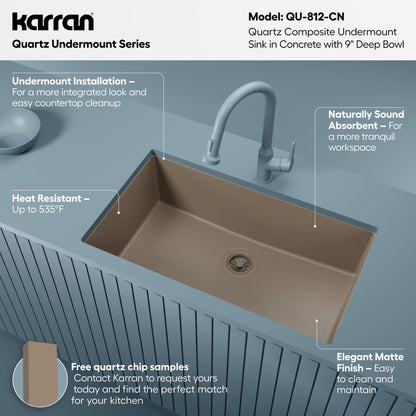 32-3/8" Undermount Large Single Bowl Quartz Composite Kitchen Sink In Concrete