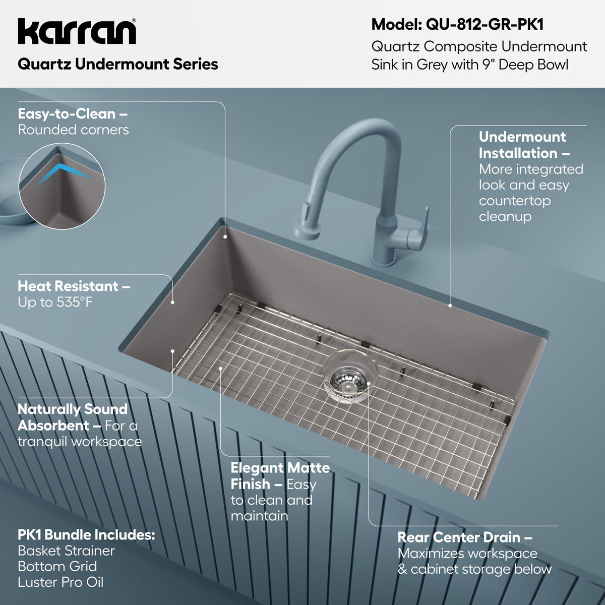 32-3/8" Undermount Large Single Bowl Quartz Composite Kitchen Sink Kit In Grey