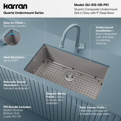 32-3/8" Undermount Large Single Bowl Quartz Composite Kitchen Sink Kit In Grey