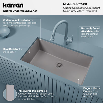 32-3/8" Undermount Large Single Bowl Quartz Composite Kitchen Sink In Grey